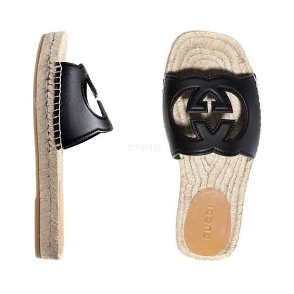 NEW Gucci Interlocking G Cut Out Leather Slides Espadrilles sz 10 Men’s Sandals - Picture 1 of 12